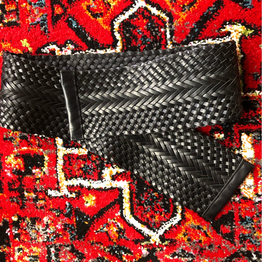 BLACK LEATHER BRAIDED CUMBERBUND BELT 4” WIDE